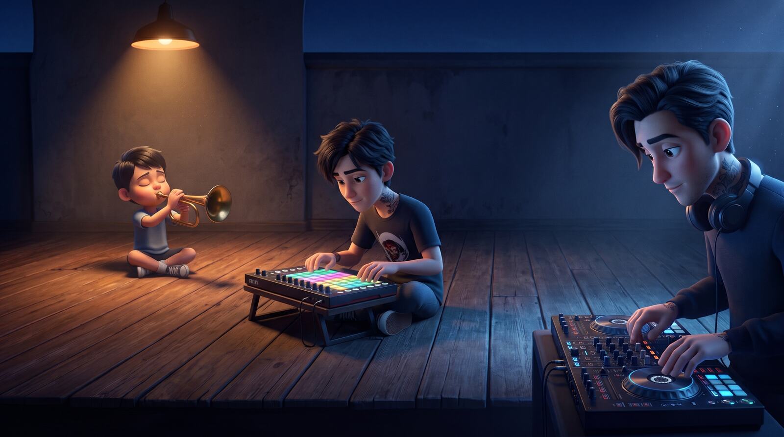 L'enfant au clairon et le même devenu DJ, dans la même pièce